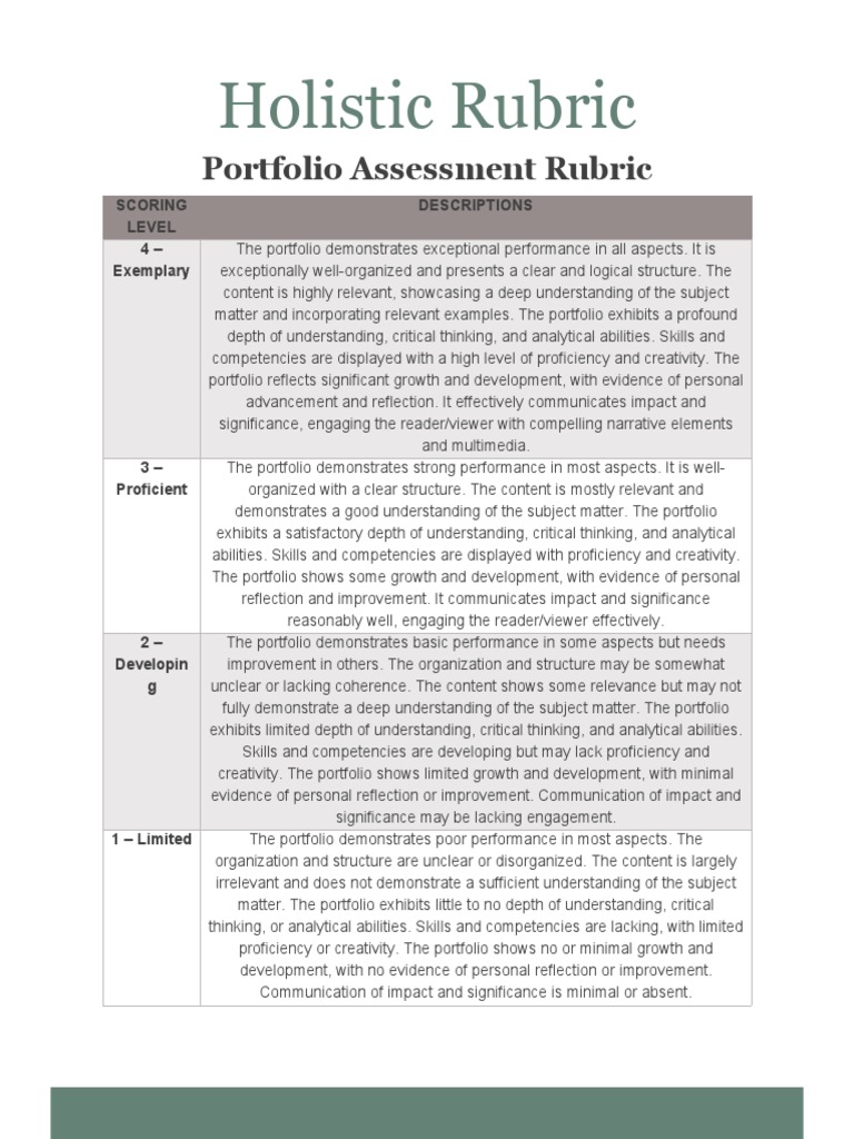 Holistic Portfolio Assessment Rubric | PDF | Critical Thinking | Rubric ...