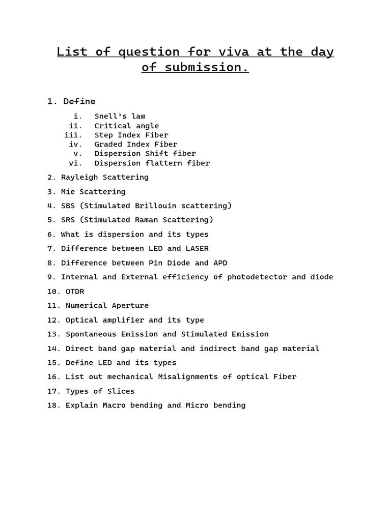 Key Optical Fiber and Photonic Concepts for a Viva Voce Examination PDF