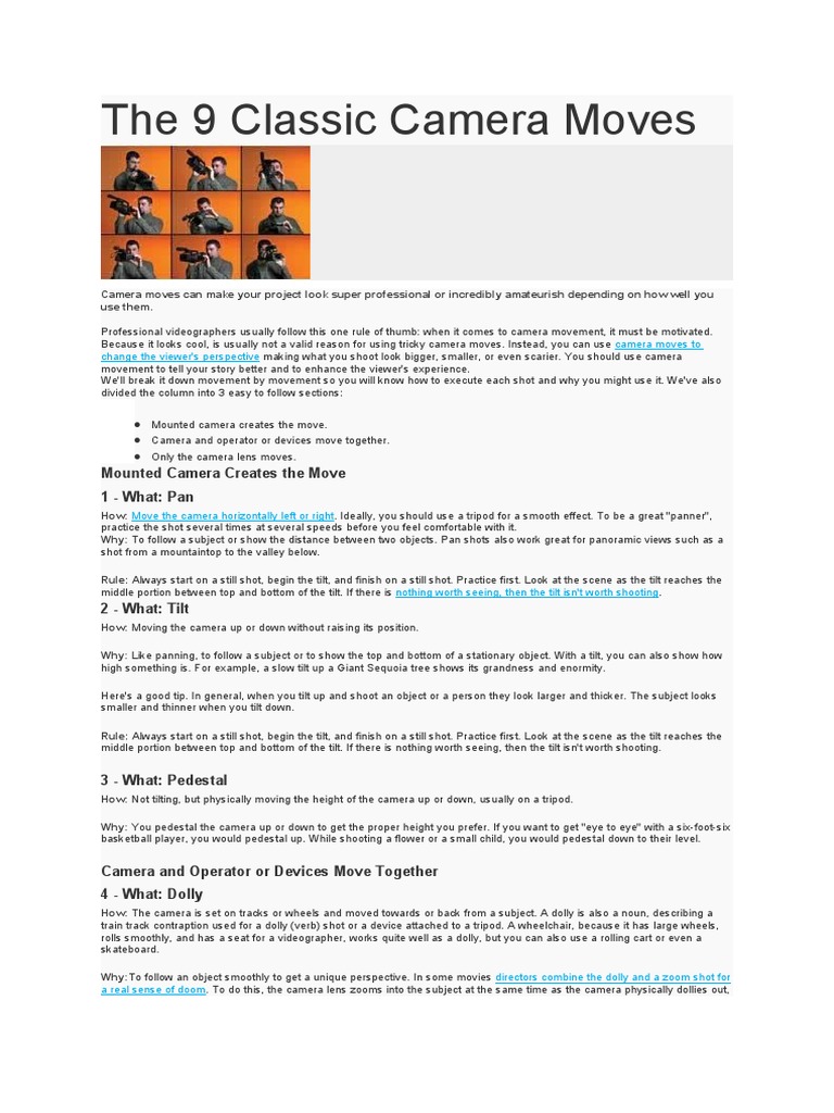 The 9 Classic Camera Moves | PDF | Zoom Lens | Camera