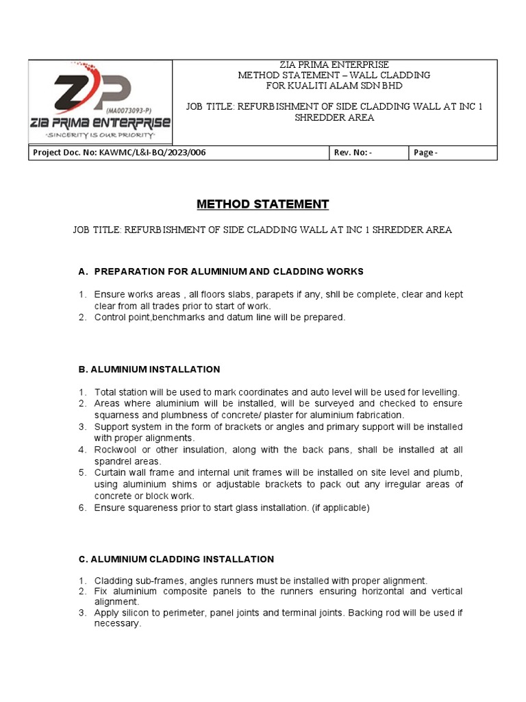 Method Statement for INC 1 Cladding | PDF | Wall | Building