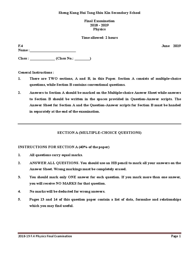 F.4 Physics Final Exam Paper 2018-19 | PDF | Force | Collision