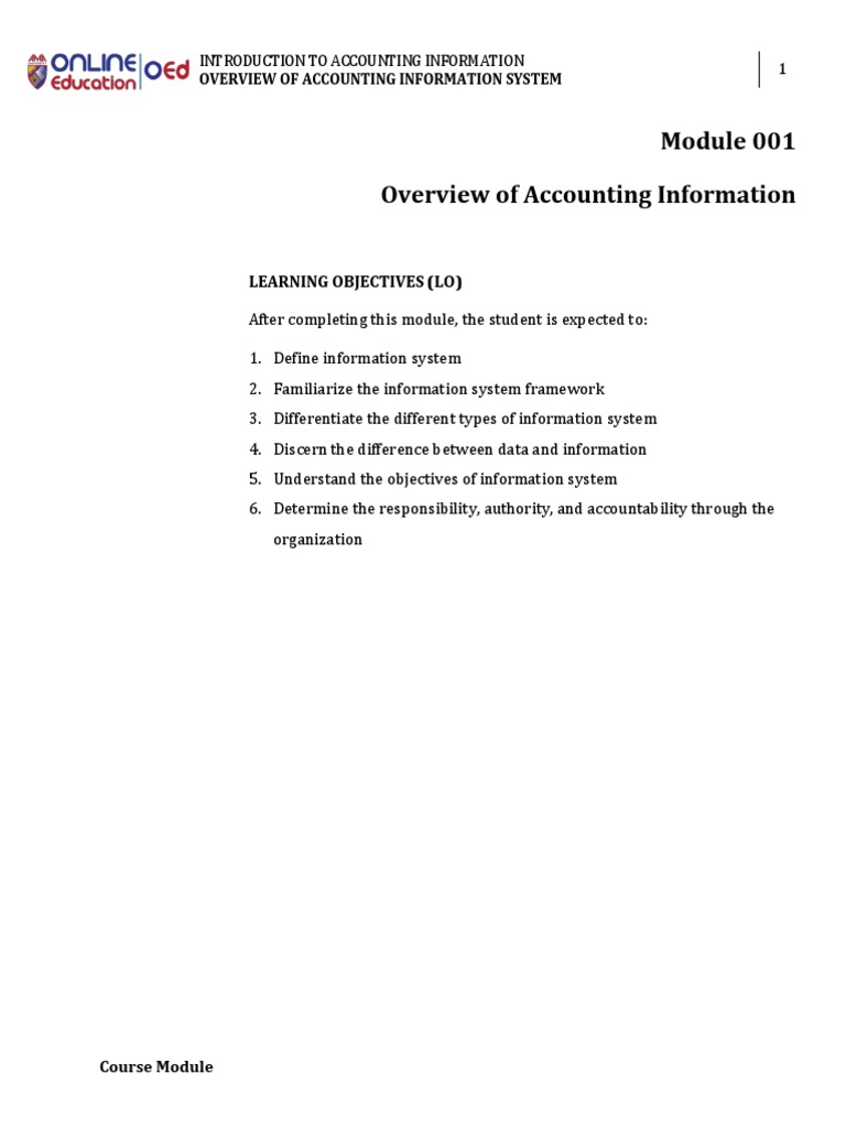 W1 Lesson 1 Overview of Accounting Information System Module PDF