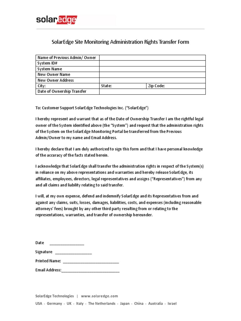 SolarEdge Site Monitoring Transfer Form | PDF