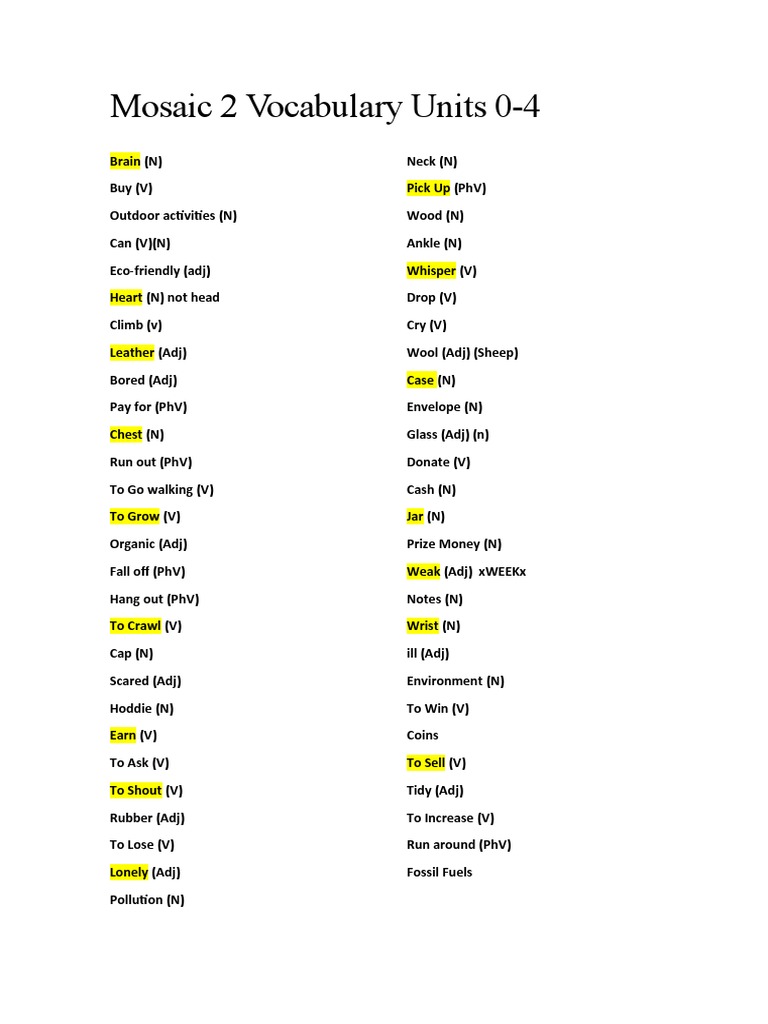 Mosaic 2 Vocabulary Units 0 4 PDF