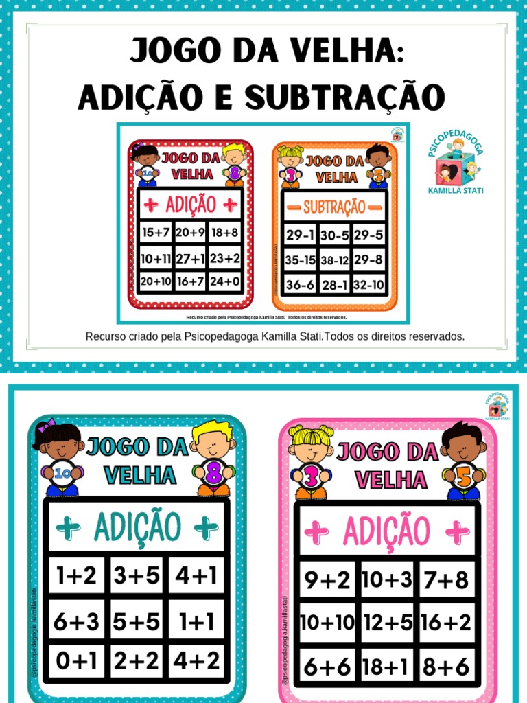 Jogo da velha: adição e subtração - Loja - Psicopedagoga Kamilla Stati