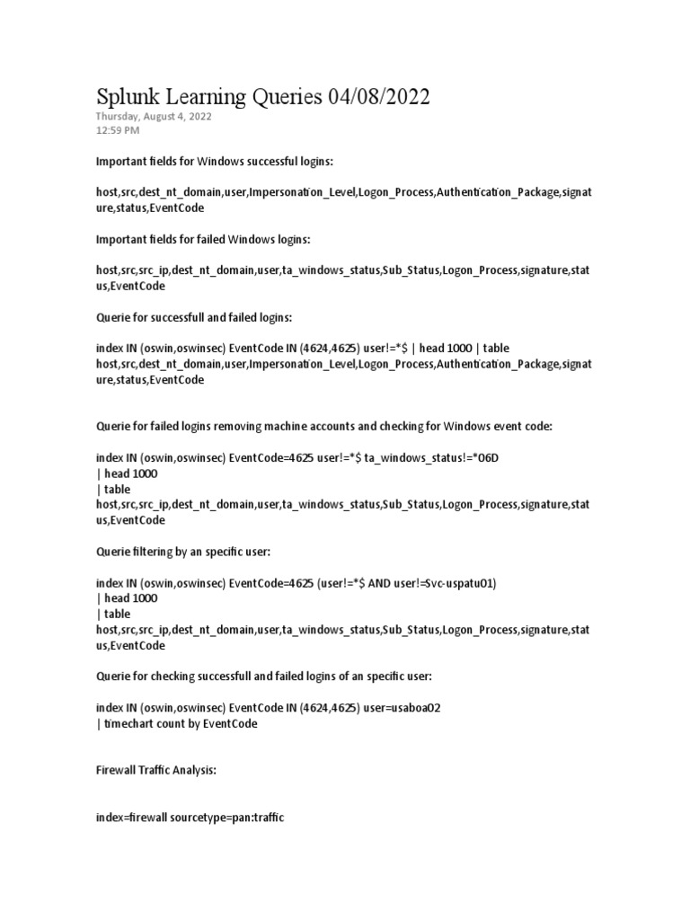 Splunk Learning Queries 04082022 PDF