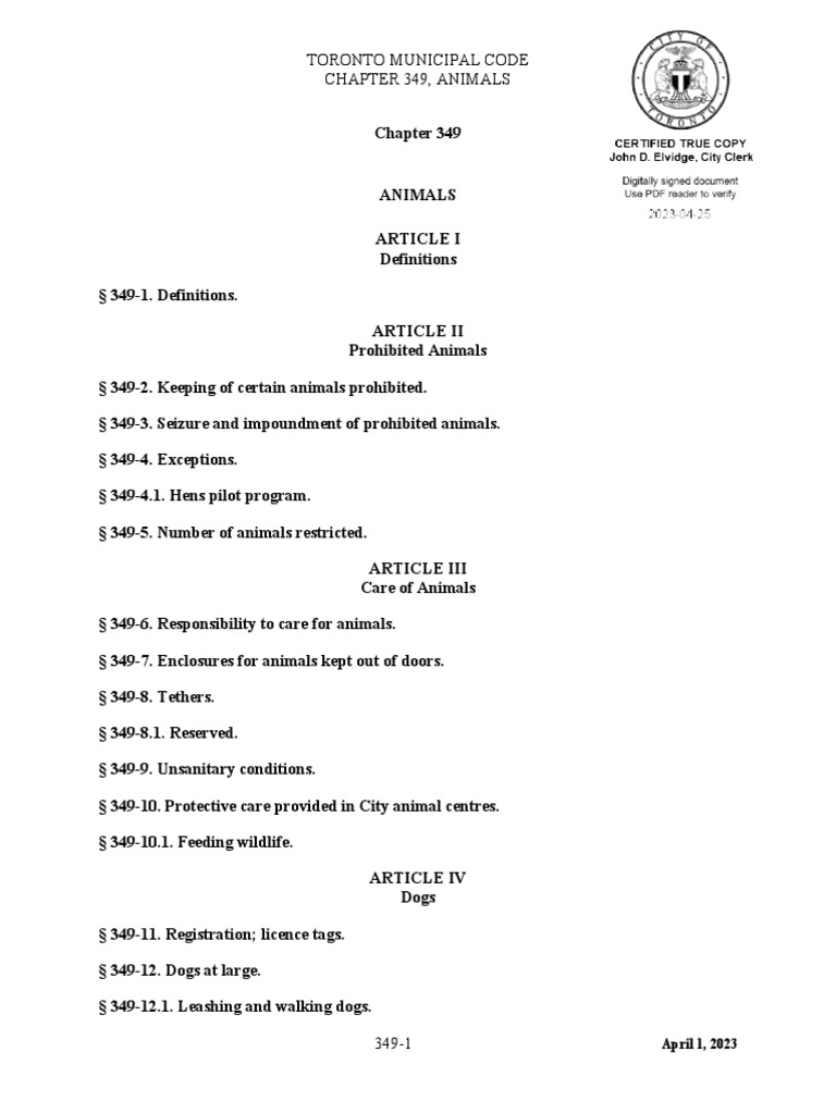 Toronto Municipal Code Chapter 349, Animals April 1, 2023 PDF