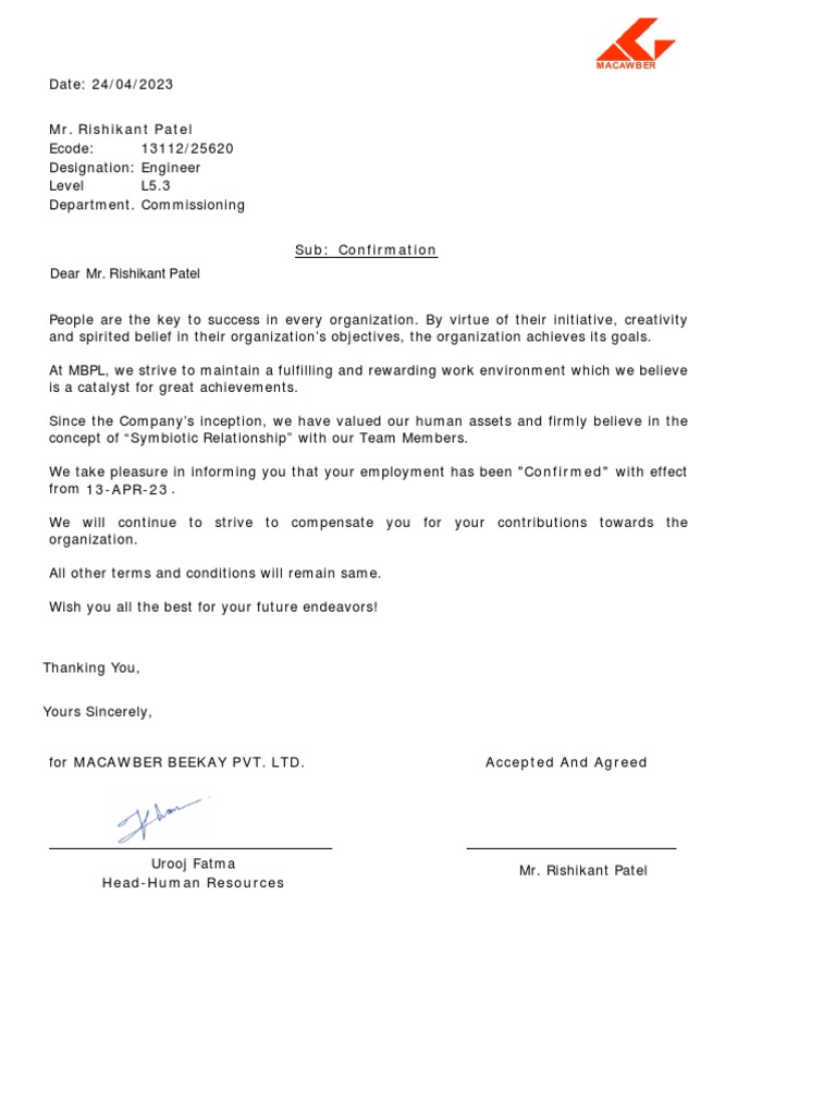 Experience Confirmation Letter for Rishikant Patel | PDF