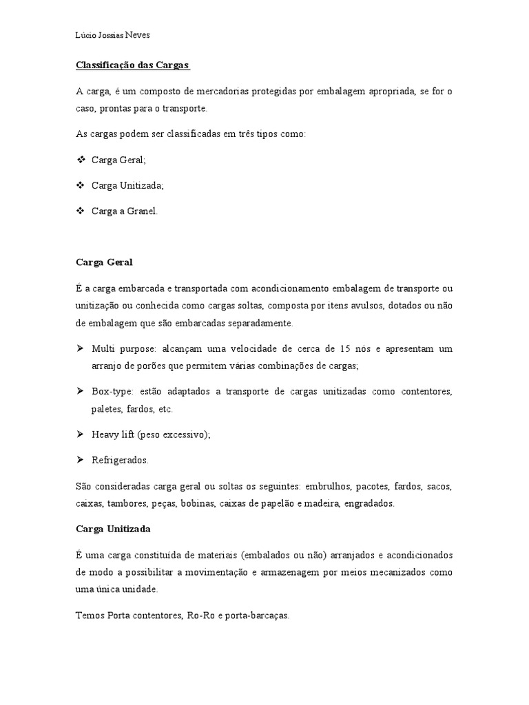 Classificação de Cargas: Geral, Unitizada e a Granel | PDF