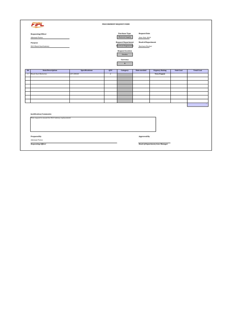 DG1 Battery Procurement Request | PDF | Procurement | Supply Chain ...