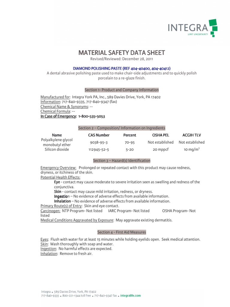 Diamond Polishing Paste MSDS PDF