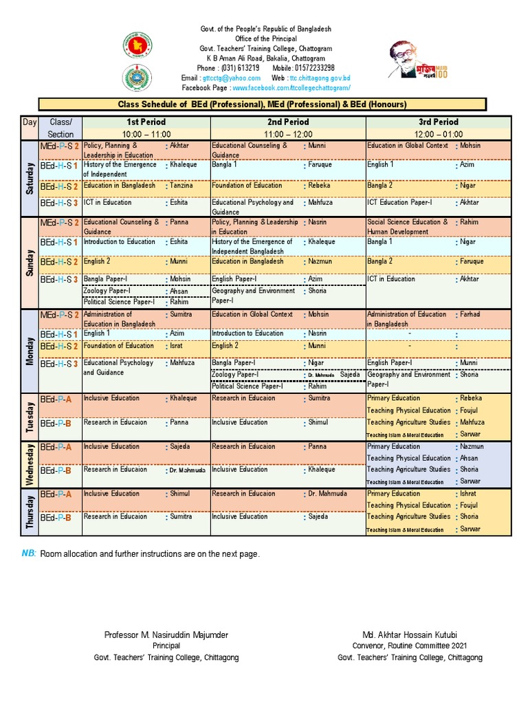 Class Schedule of Bed (Professional), Med (Professional) & Bed (Honours