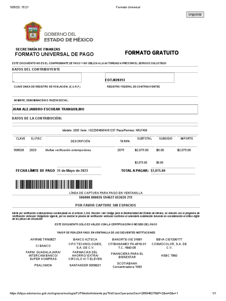Multa por verificación vehicular extemporánea en el Estado de México ...
