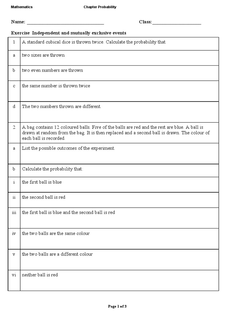 Independent and Mutually Exclusive Events Worksheet | PDF