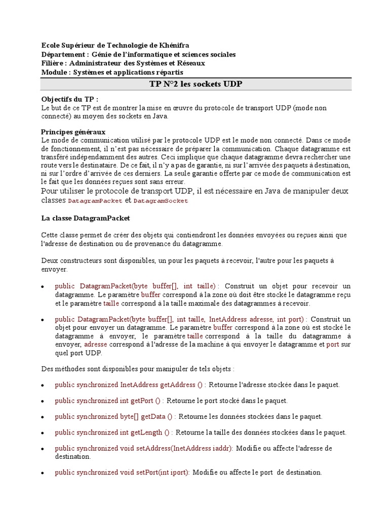 Mise en œuvre des Sockets UDP en Java | PDF | Java (Langage de ...
