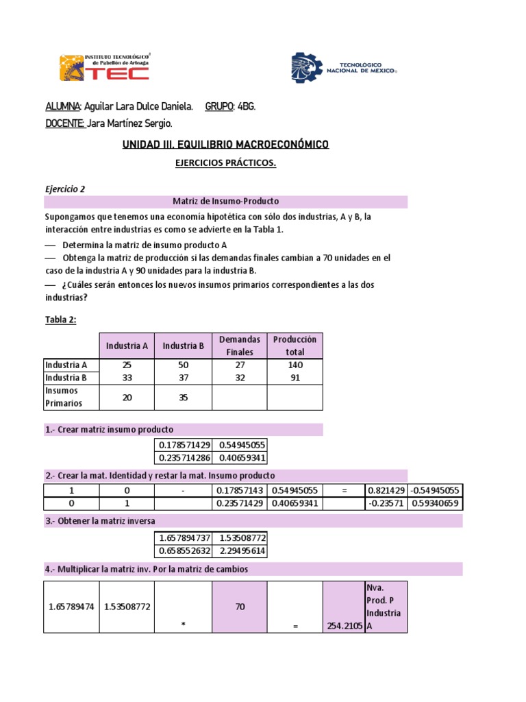 Matriz Insumo-Producto: Ejercicio Práctico | PDF | Matemáticas