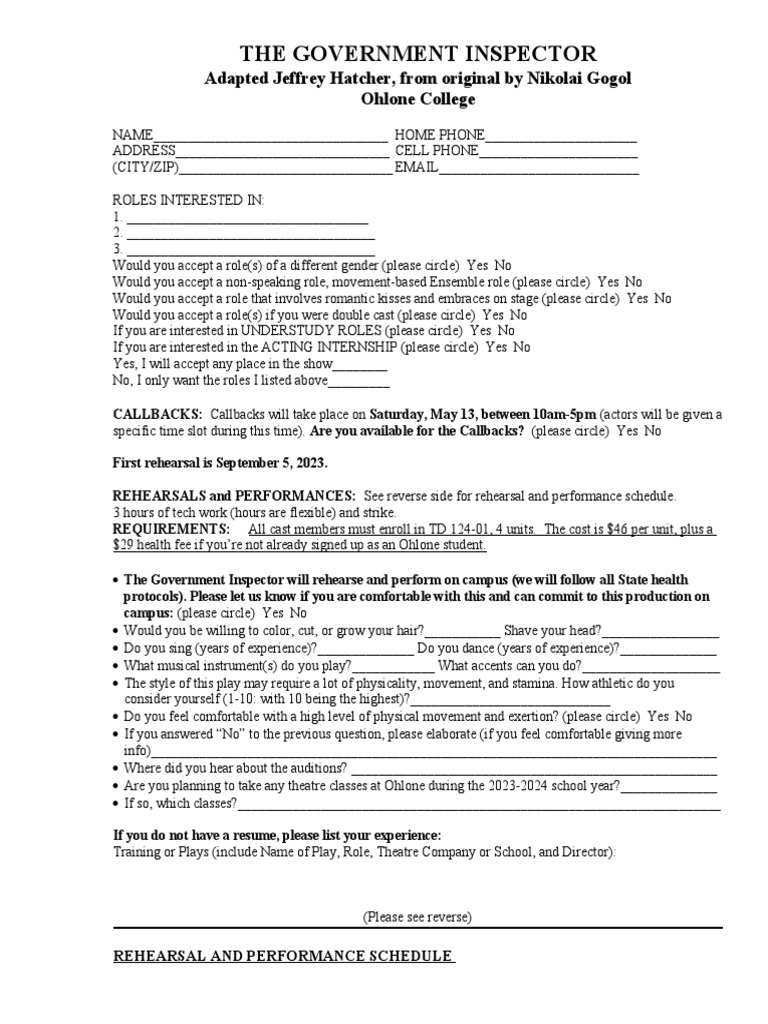 Audition Form THE GOVERNMENT INSPECTOR PDF