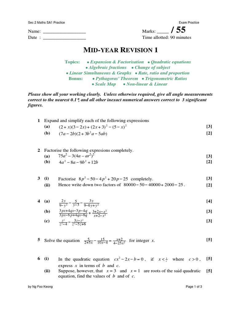 Sec 2 Maths SA1 Exam Practice | PDF | Factorization | Quadratic Equation