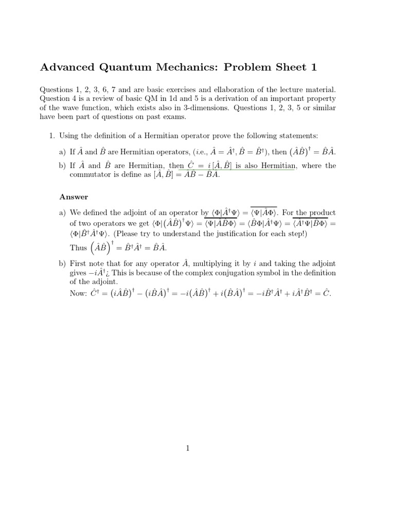 Advanced Quantum Mechanics: Problem Sheet 1 | PDF | Wave Function ...