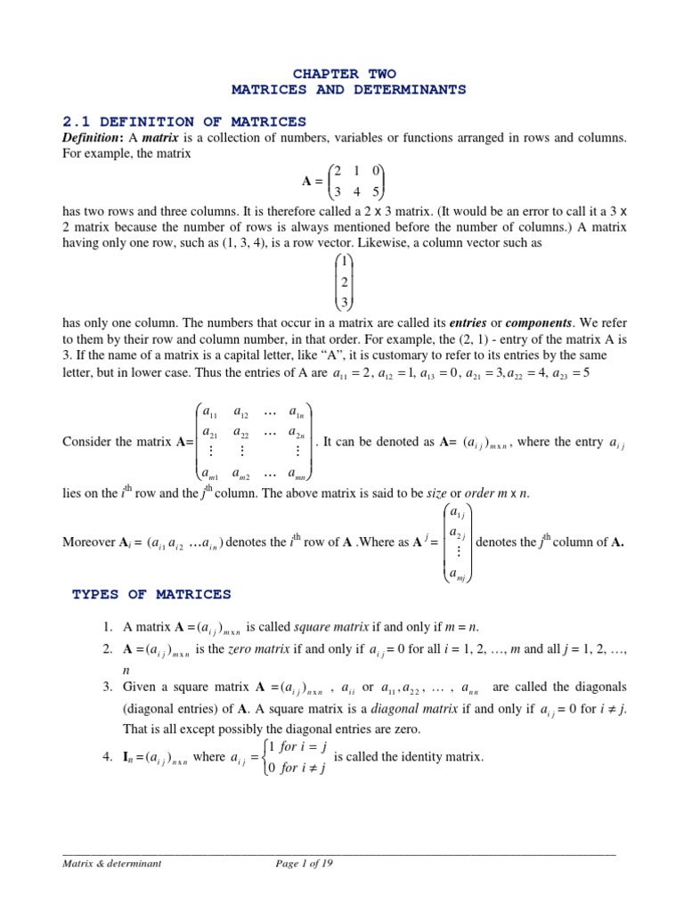 Chapter 2 Matrices and Determinant PDF Matrix (Mathematics