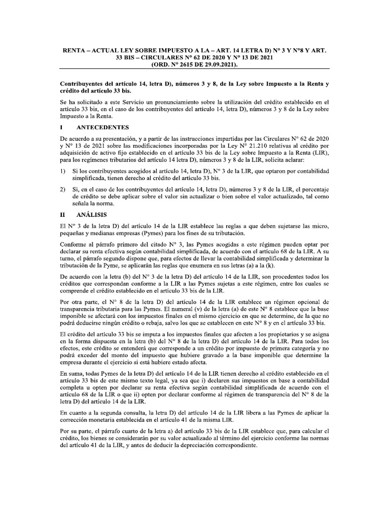 Ordinario 2615 Del 29-09-2021 Art 33 Bis Crédito Activo Fijo | PDF