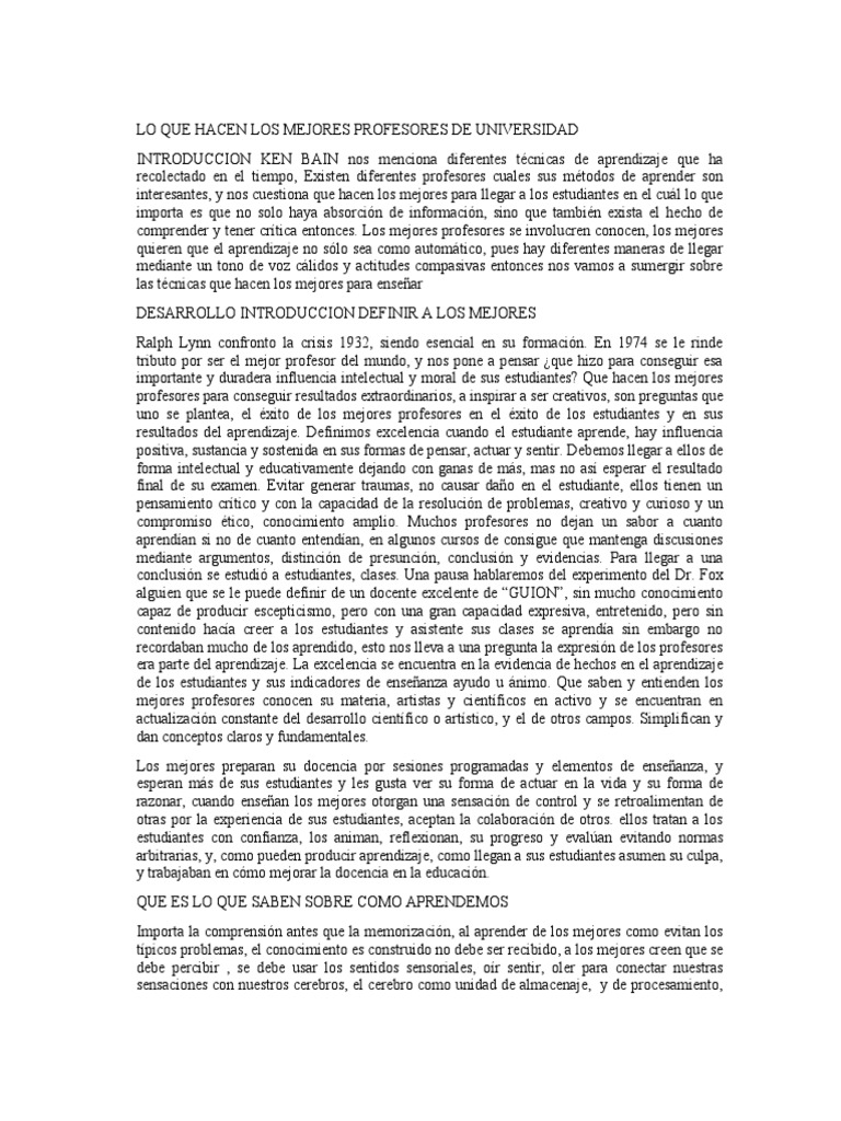 Ensayo Ken Bain PDF Aprendizaje Enseñando