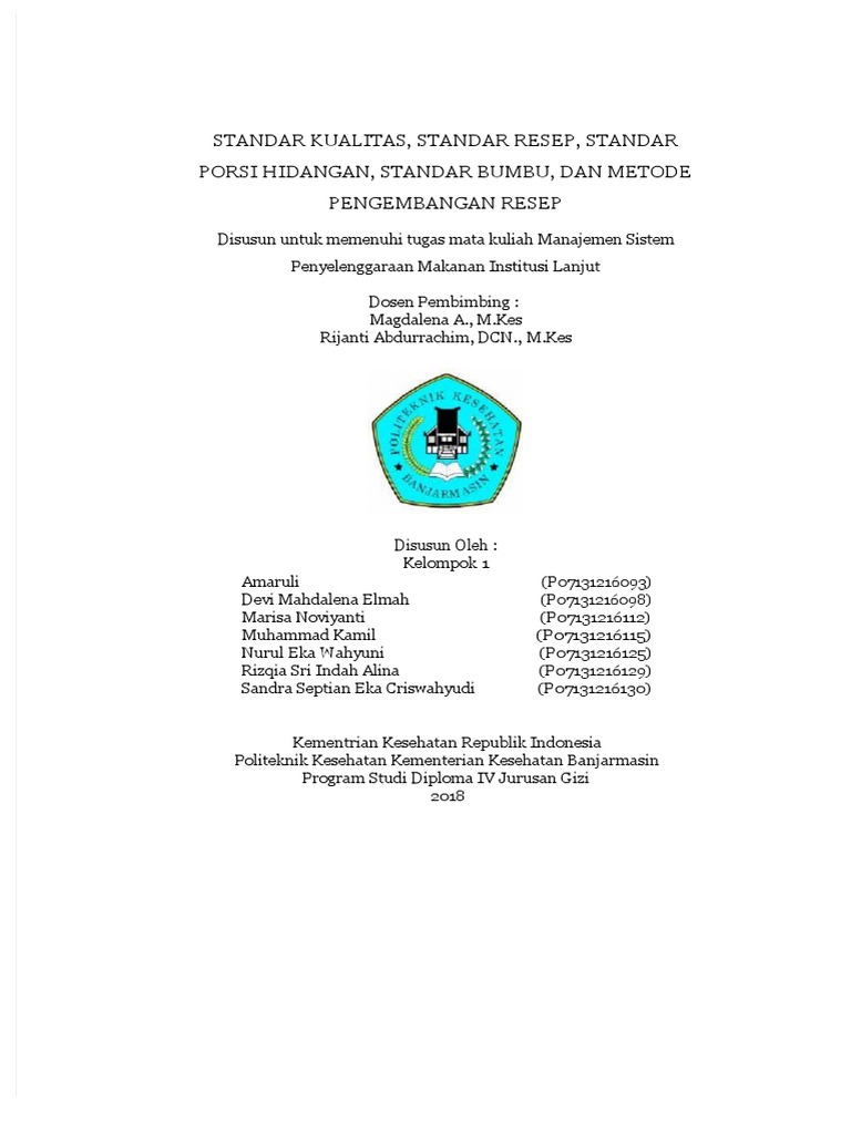 Standar Resep dan Kualitas Makanan | PDF | Karier & Perkembangan ...