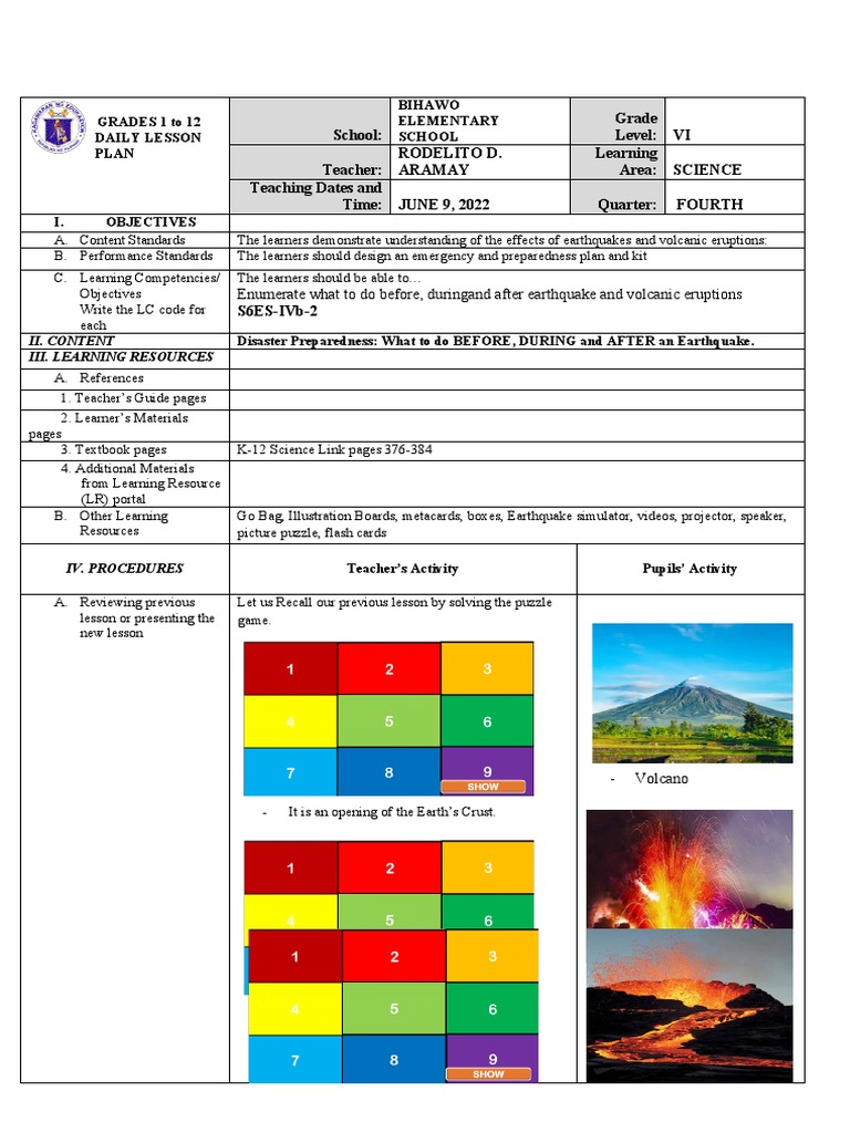 Demo Teaching Cot PDF Volcano Learning