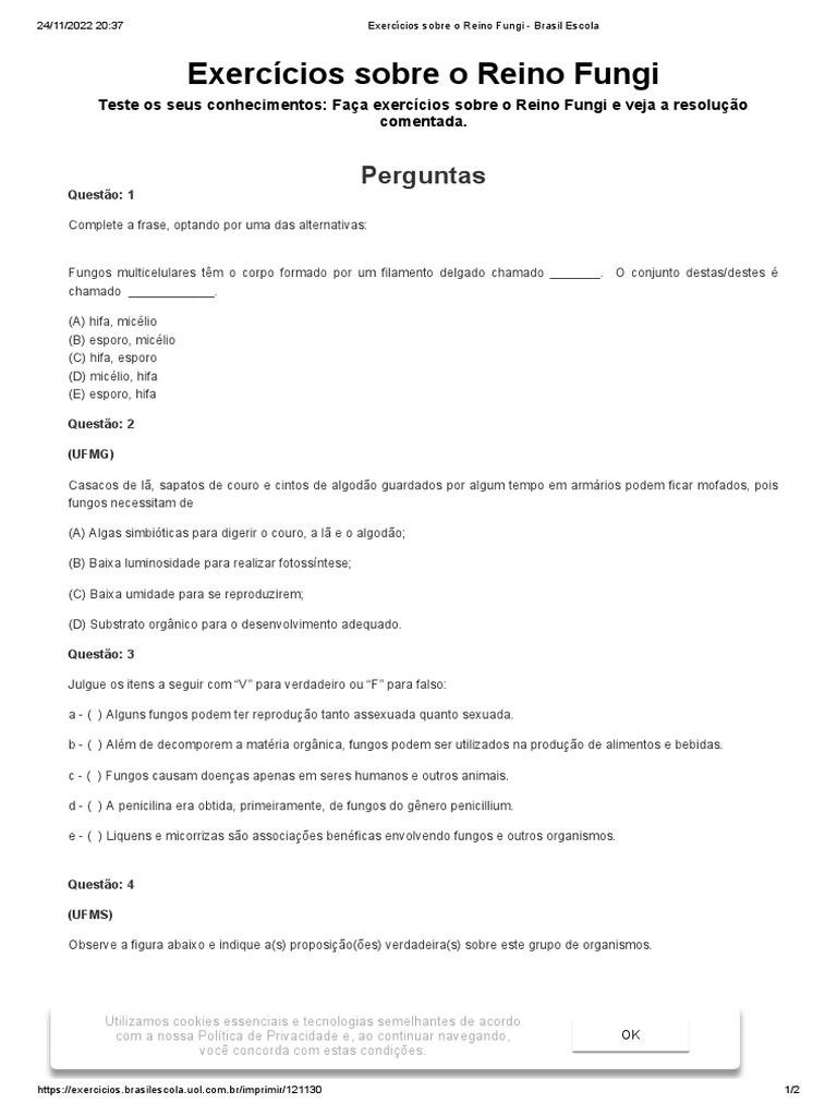 Exercícios Sobre o Reino Fungi - Brasil Escola | PDF | Fungo | Reprodução
