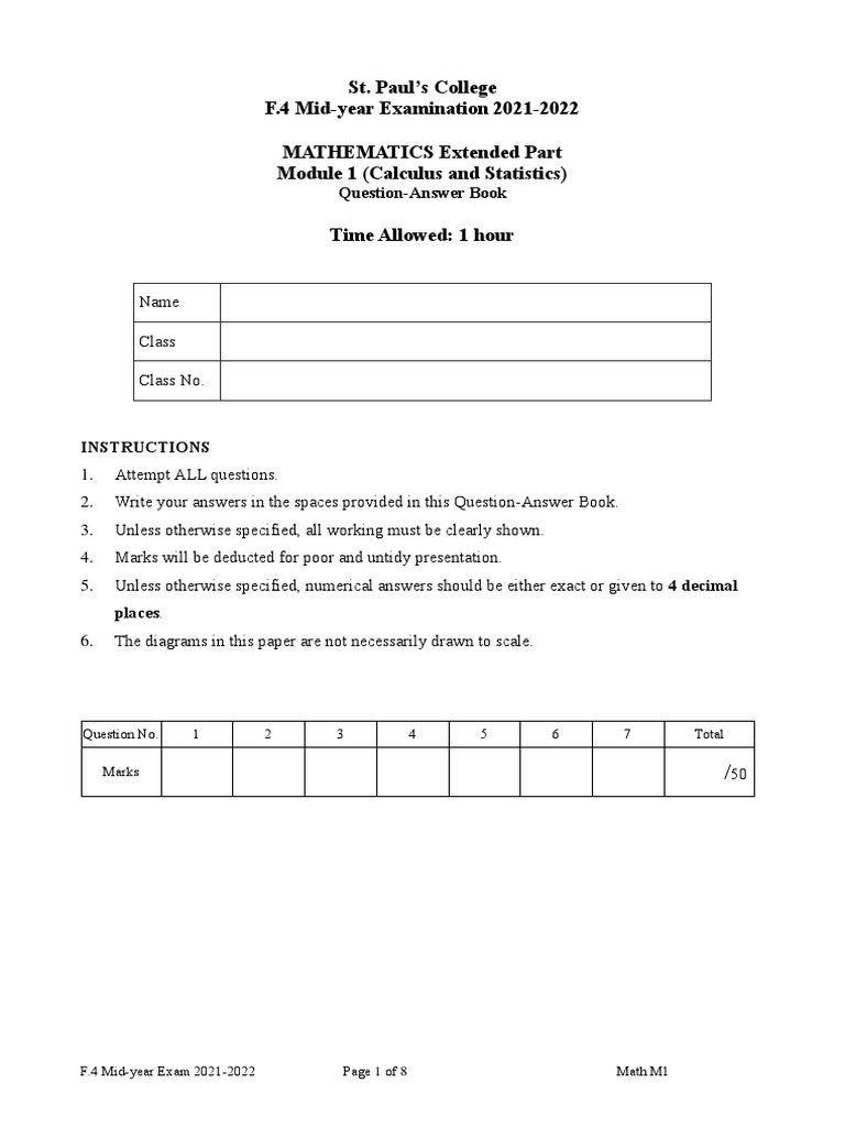 F.4 Mid-Year Math Exam 2021-2022 | PDF | Mathematics | Mathematical Objects