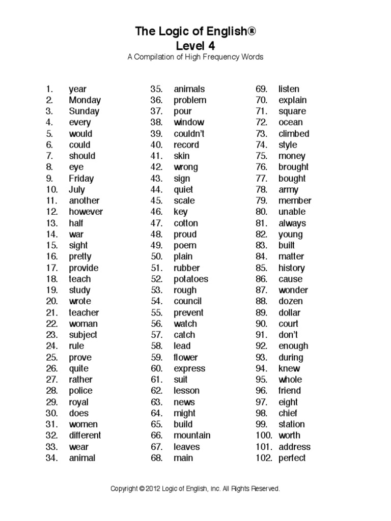Word List Level 4 PDF