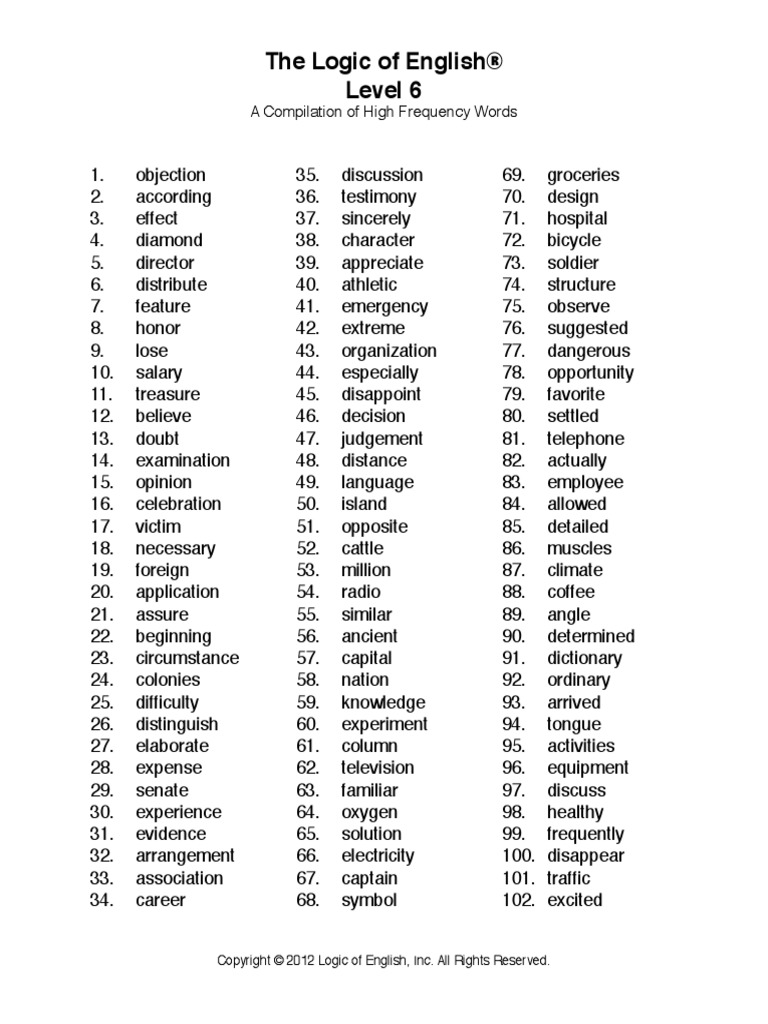 Word List Level 6 PDF Cognition