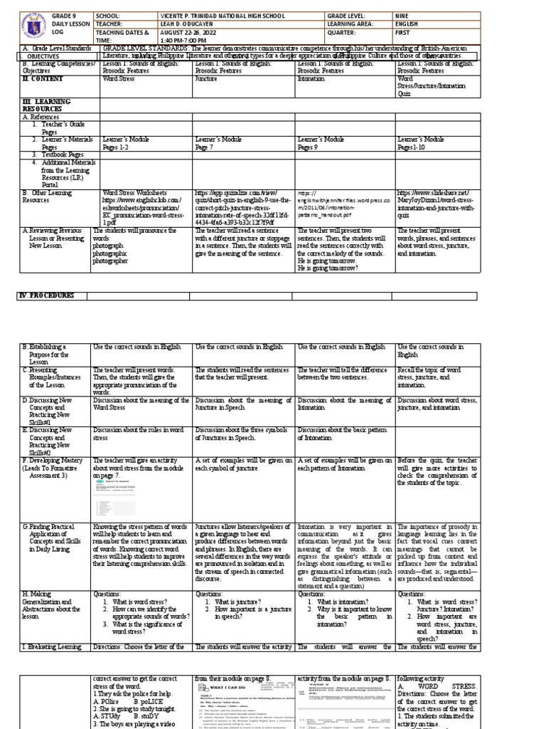 Grade 9 English Lesson Plan | PDF | Question | Word