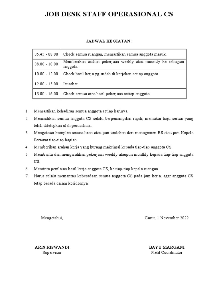 Job Desk Staff Operasional CS | PDF