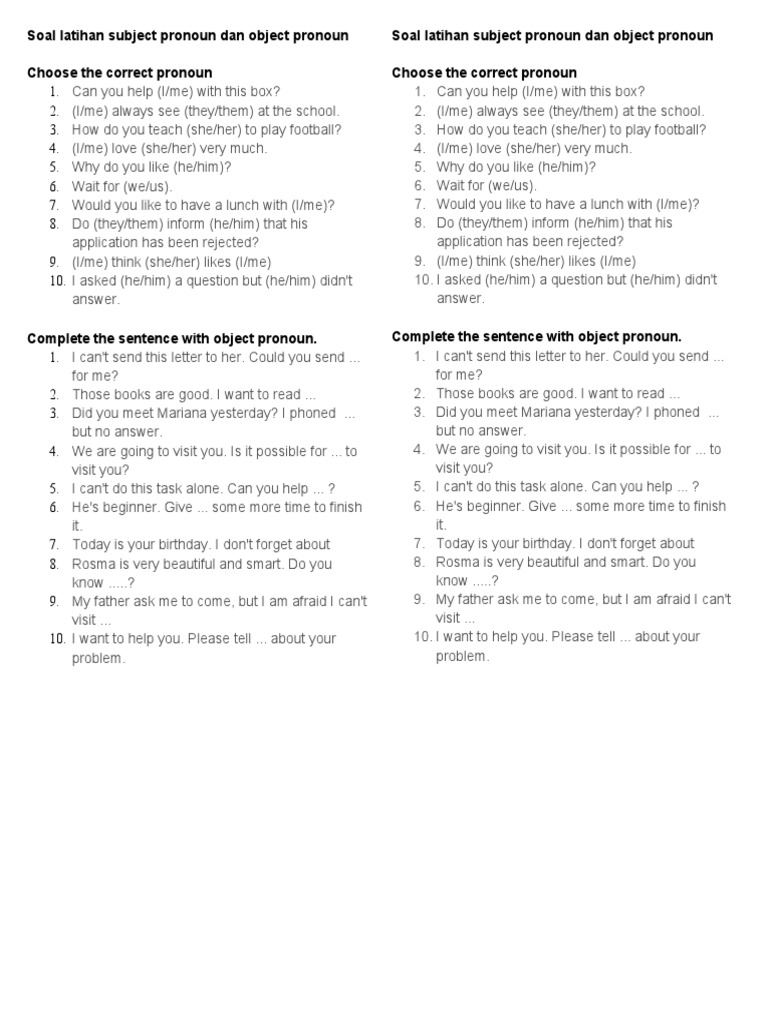 Soal latihan subject pronoun dan object pronoun choose the correct