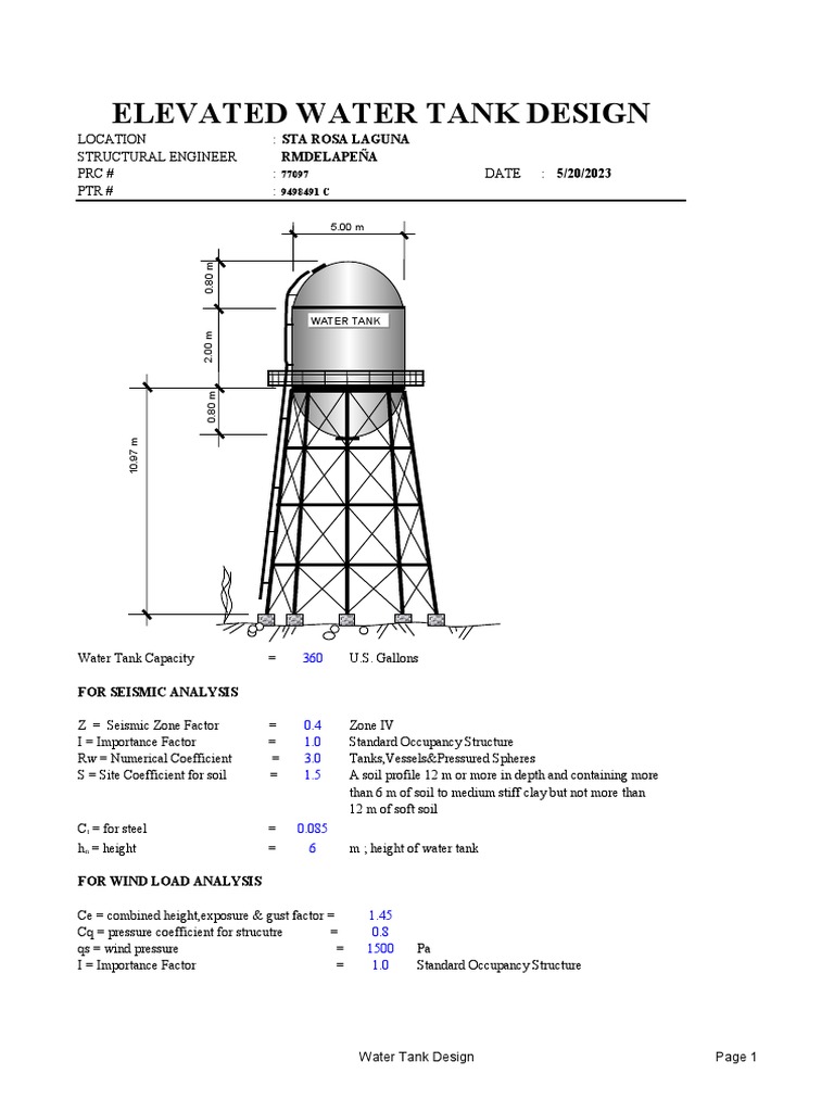 Elevated Water Tank Design Spreadsheet PDF Pascal (Unit) Bending