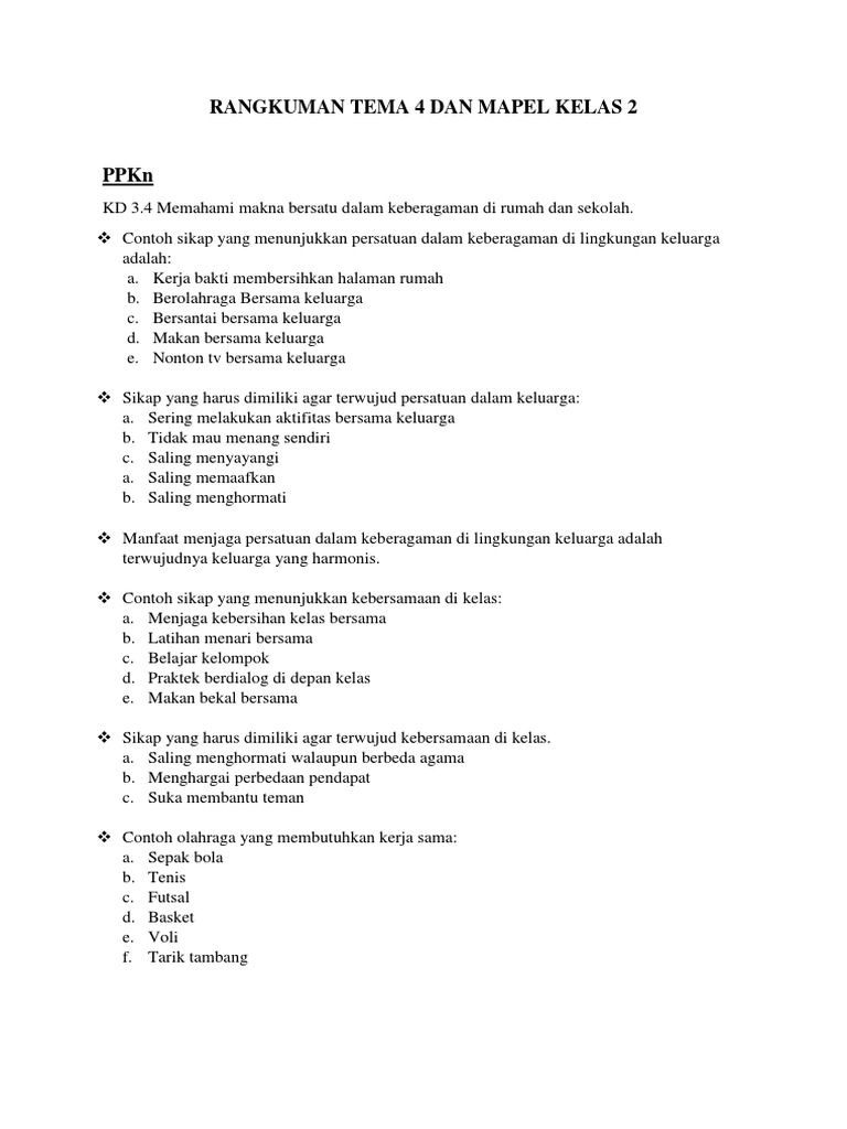 Rangkuman Materi Kelas 2 SD Tema 4 | PDF | Seni & Disiplin Bahasa ...