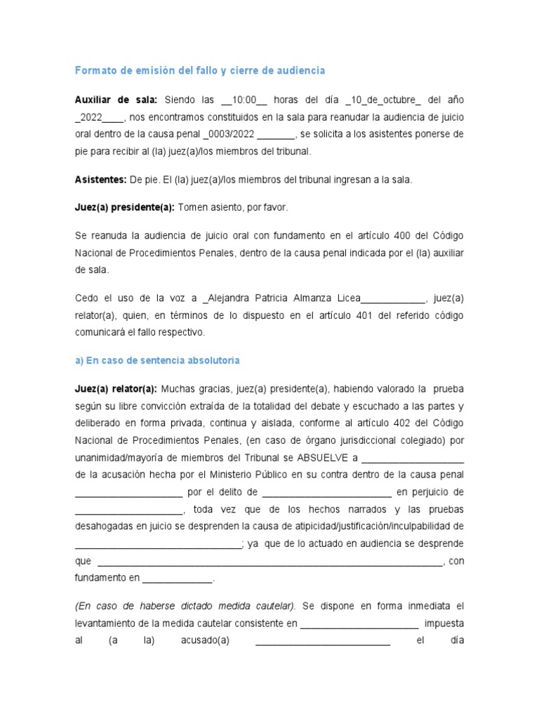 Formato de emisión del fallo y cierre de audiencia | PDF | Sentencia ...