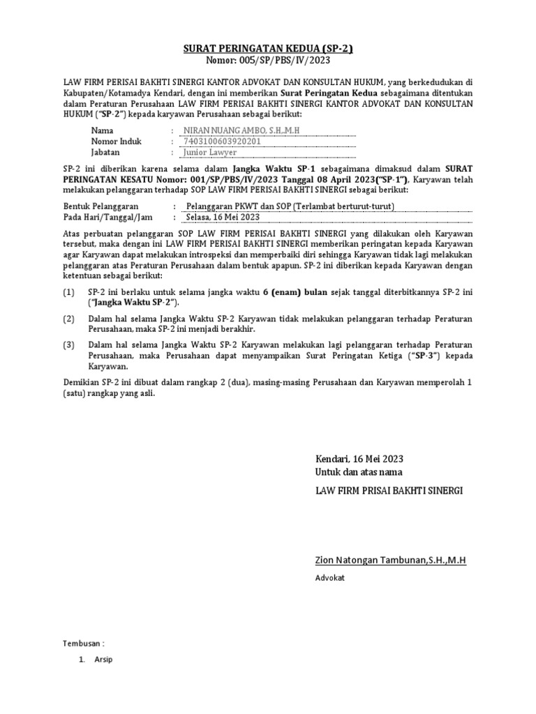 Surat Peringatan Kedua Karyawan SP-2 | PDF