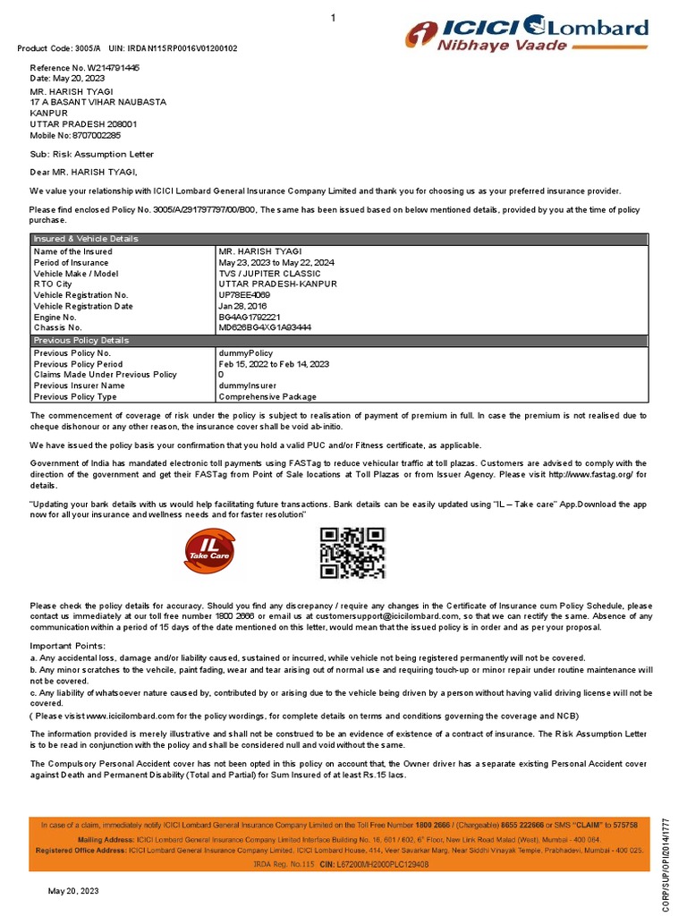 Sub: Risk Assumption Letter: Insured & Vehicle Details | PDF ...