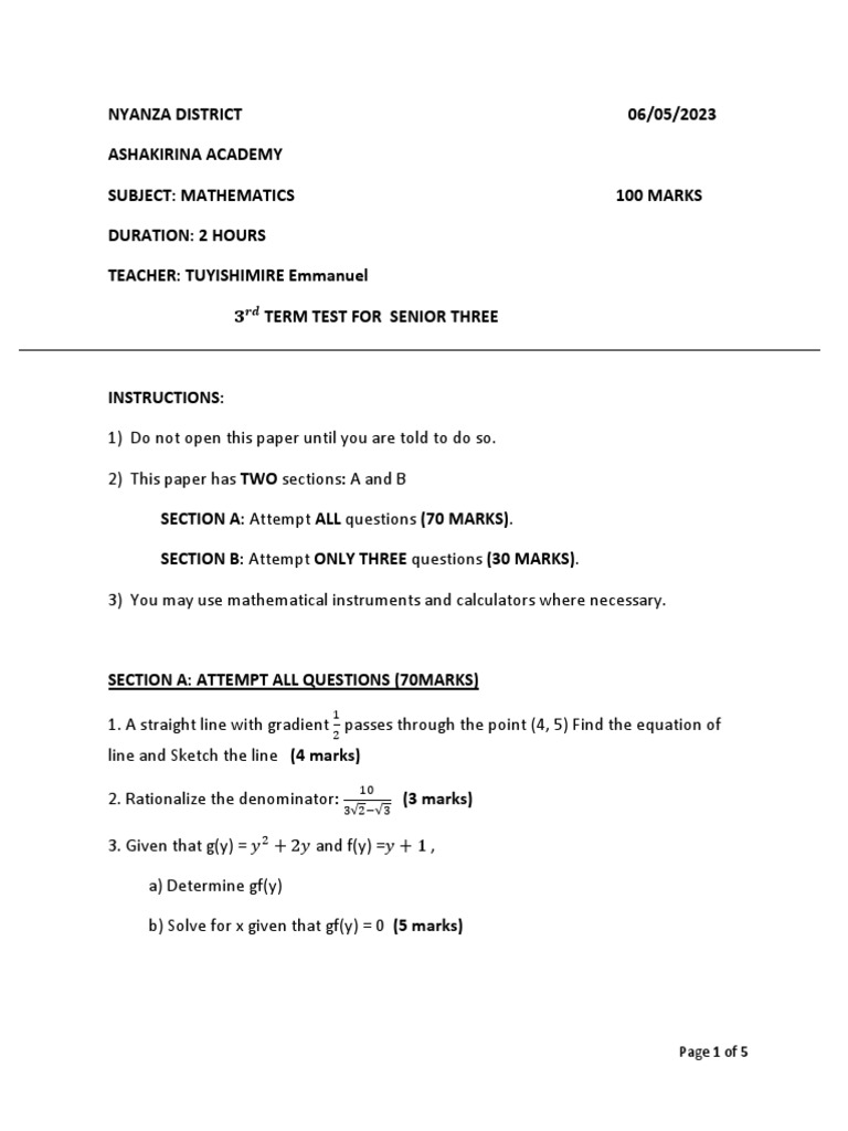 S3 Mathematics Term 3 Exam Paper | PDF | Equations | Mathematics