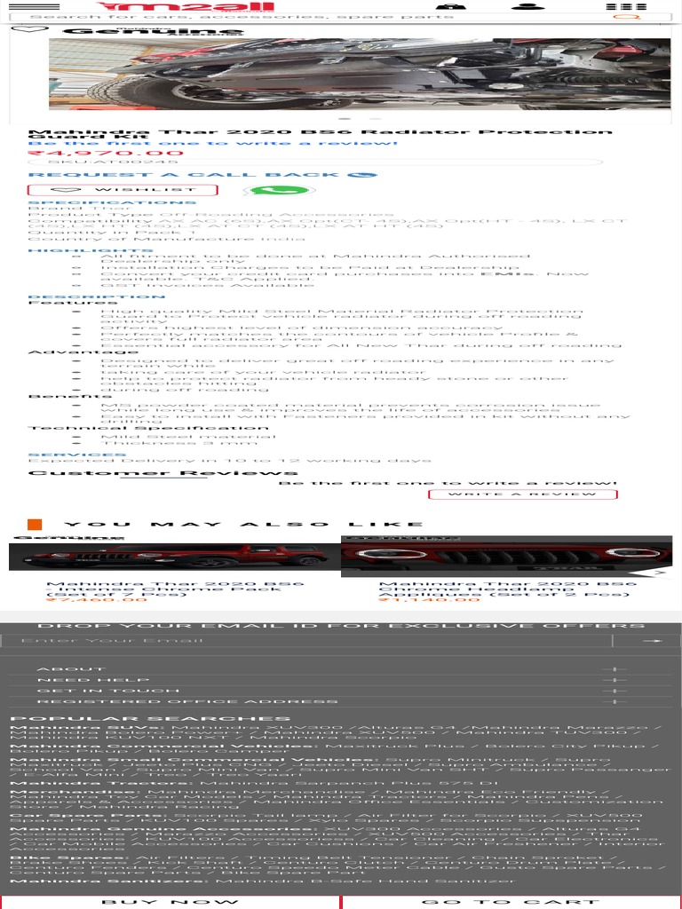 Mahindra Thar 2020 BS6 Radiator Protection Guard Kit Thar 2020 Car