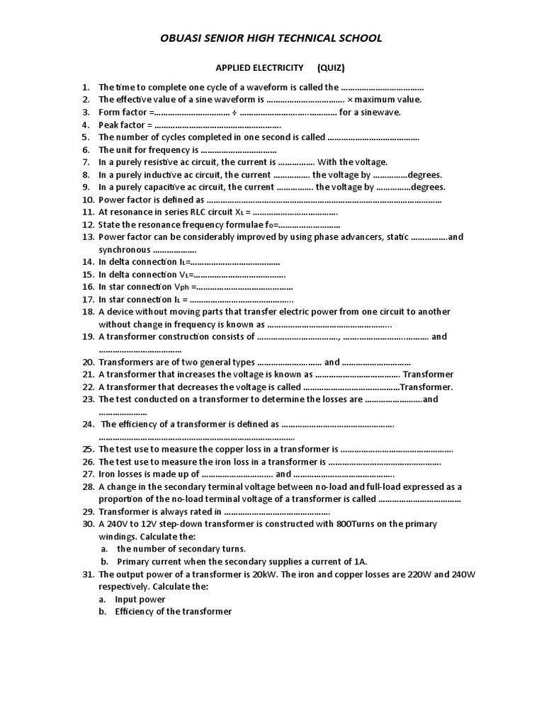 Applied Electricity Quiz PDF Transformer Resonance