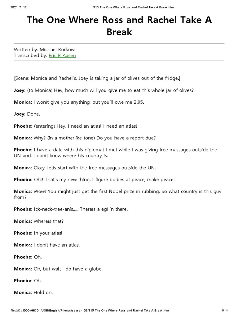 Ross and Rachel's Break Episode Script | PDF | Friends