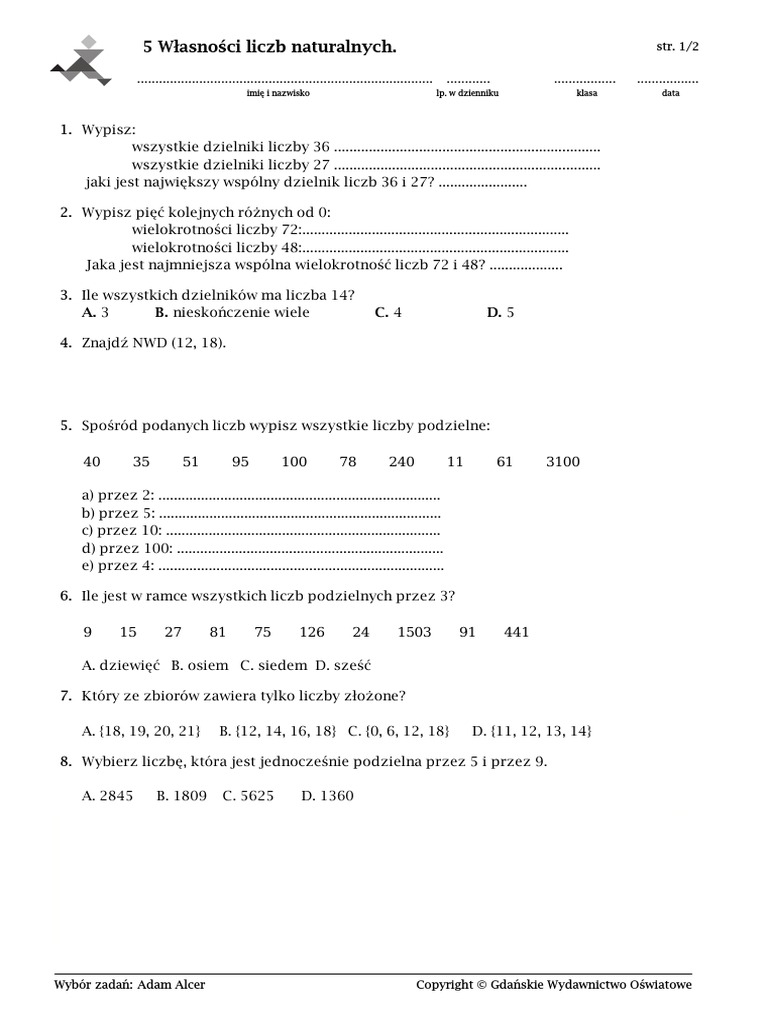 Sprawdzian Z Matematyki Klasa 5 Własności Liczb Naturalnych 5 PK Własności liczb naturalnych. | PDF