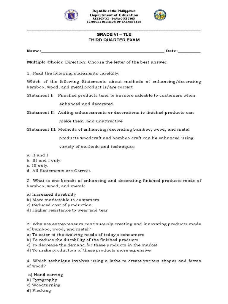 Grade VI TLE Third Quarter Exam Guide | PDF | Product (Business ...