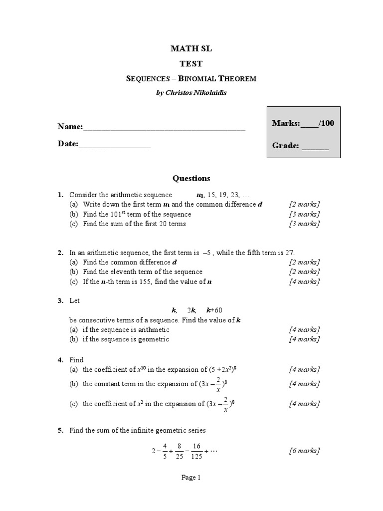 Math SL Test: Sequences & Binomial Theorem | PDF | Sequence ...