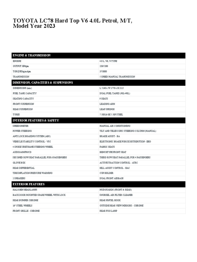 Toyota Land Cruiser LC78 4.0L Petrol Technical Specs | PDF