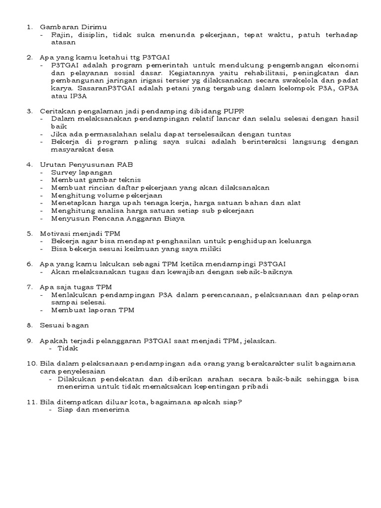 Pertanyaan Wawancara TPM P3TGAI 2024 | PDF | Karier & Perkembangan