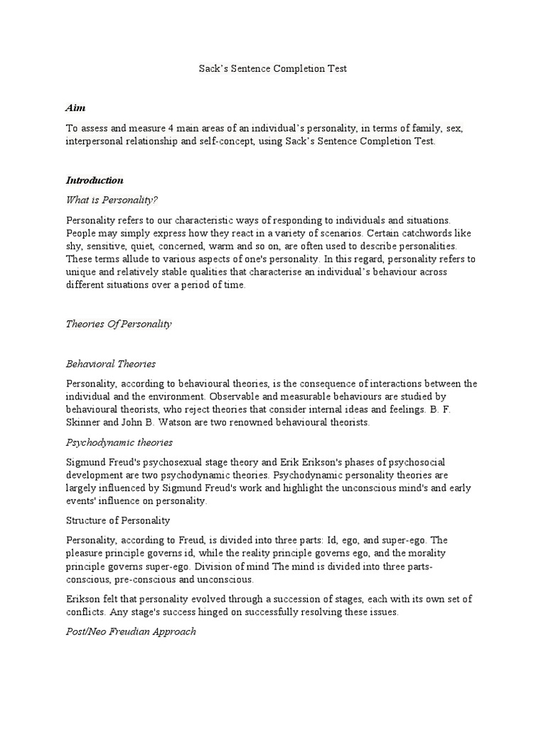 Understanding Sack’s Sentence Completion Test | PDF | Id | Psychology